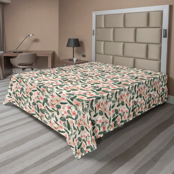 Ambesonne Tropical Flat Sheet, Vintage Plumeria Leaves, California King, Beige Pale Olive Green