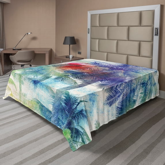Ambesonne Tropical Flat Sheet, Watercolor Palm Retro, Full Size, Multicolor