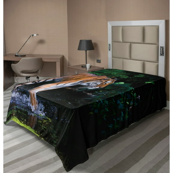 Ambesonne Tropical Flat Sheet, Wild Jungle Tiger Tree, Twin Size, Orange Brown Green