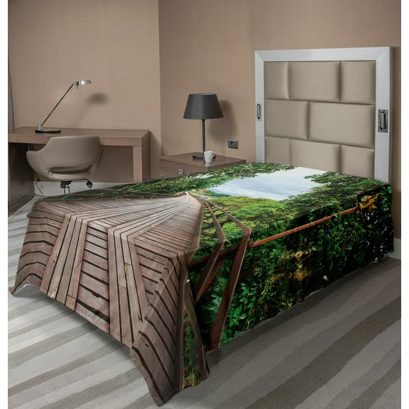 Ambesonne Tropical Flat Sheet, Wooden Bridge Exotic, Twin Size, Brown Green