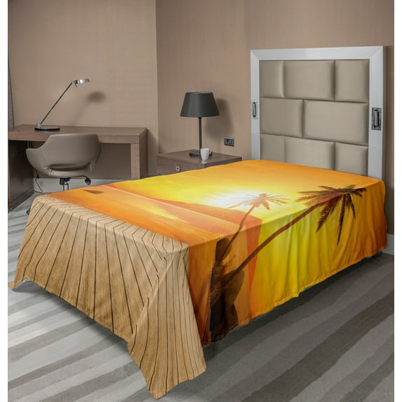 Ambesonne Tropical Flat Sheet, Wooden Deck Sunset, TwinXL Size, Orange Brown