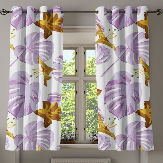 Ambesonne Tropical Grommet Curtain, Bicolour Art Lilly Flowers, 50"x60", Pale Purple Amber Mustard