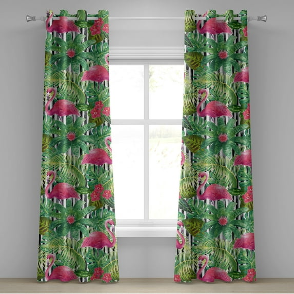 Ambesonne Tropical Grommet Curtain, Dreamy Flamingo Hibiscus, 50"x72", Hot Pink Jade Green