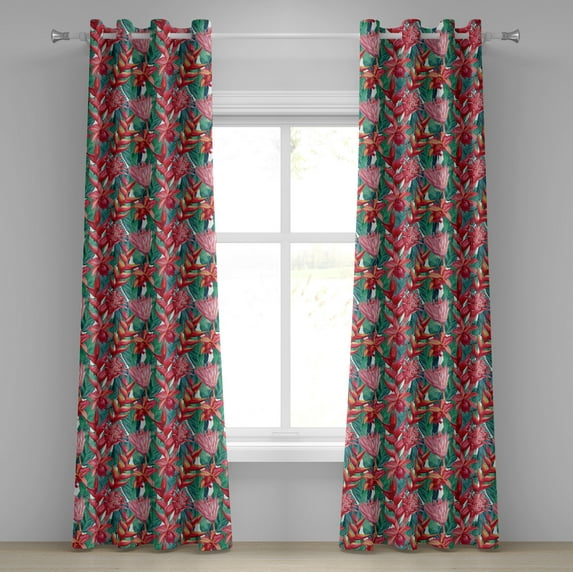 Ambesonne Tropical Grommet Curtain, Exotic Leaves Tropical, 50"x72", Dark Coral Green