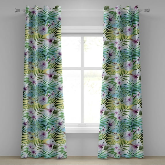 Ambesonne Tropical Grommet Curtain, Exotic Watercolor Flora, 50"x120", Pale Purple and Fern Green