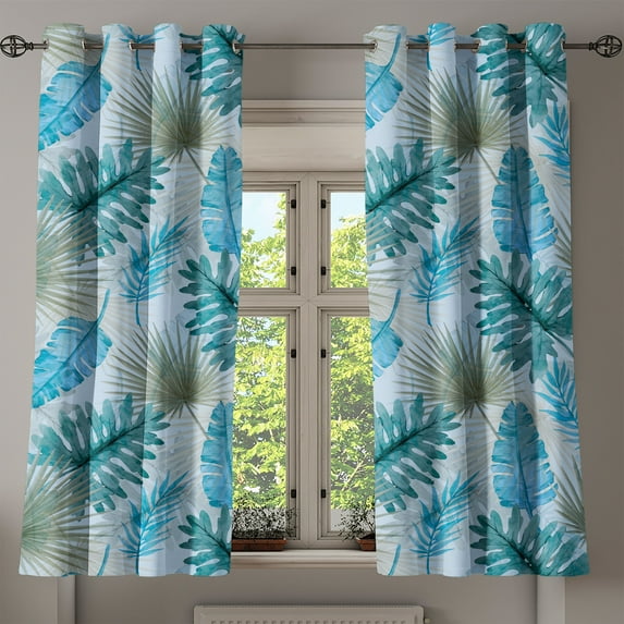 Ambesonne Tropical Grommet Curtain, Exotic Watercolor Foliage, 50"x63", Blue Grey Reseda Green