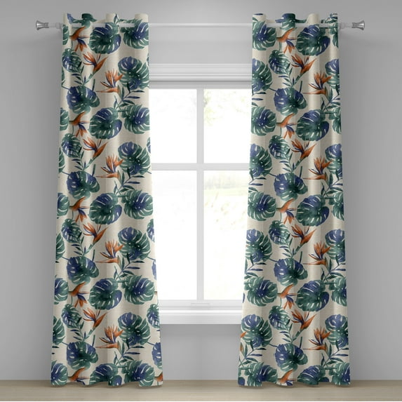 Ambesonne Tropical Grommet Curtain, Exotic Watercolor Foliage, 50"x96", Hunter Green Teal and Blue