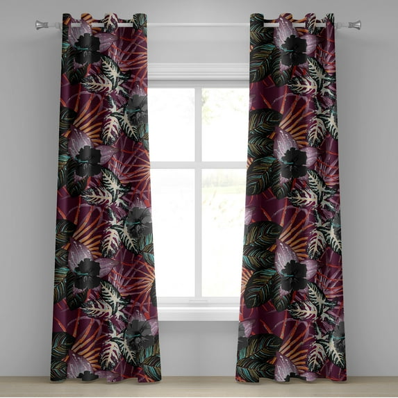 Ambesonne Tropical Grommet Curtain, Jungle Leaves Exotic Print, 50"x84", Dark Fuchsia and Dark Grey