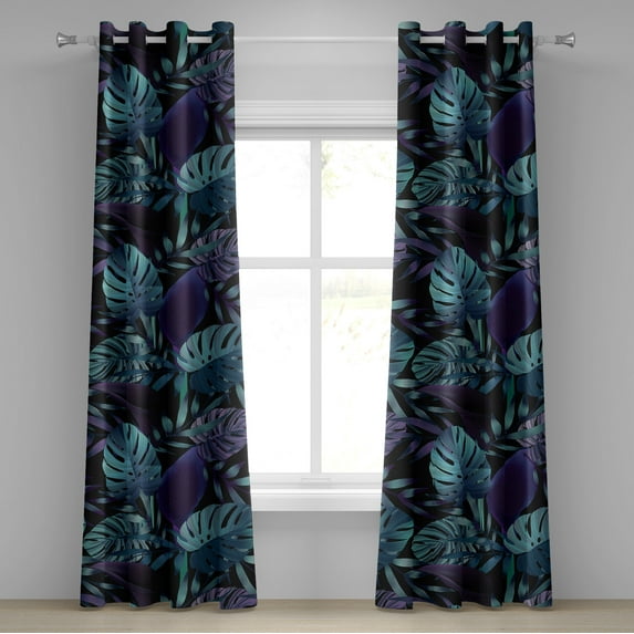 Ambesonne Tropical Grommet Curtain, Jungle Monstera Palm Art, 50"x84", Dark Purple Cadet Blue