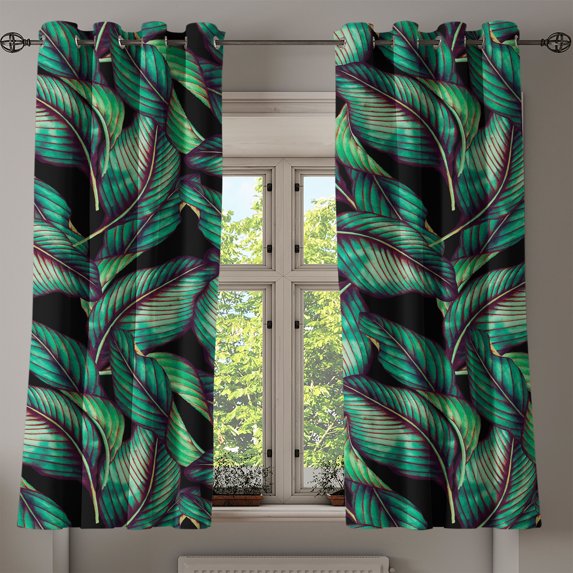 Ambesonne Tropical Grommet Curtain, Leaves Monochrome Back Art, 50"x60", Reseda Green and Pale Khaki