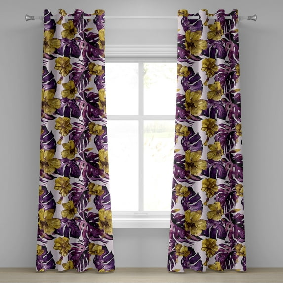 Ambesonne Tropical Grommet Curtain, Monstera Leaves Hibiscus, 50"x108", Purple Dark Yellow