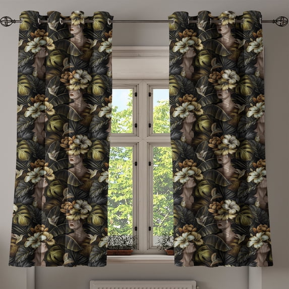Ambesonne Tropical Grommet Curtain, Mysterious Woman Jungle, 50"x60", Dark Green Pale Caramel