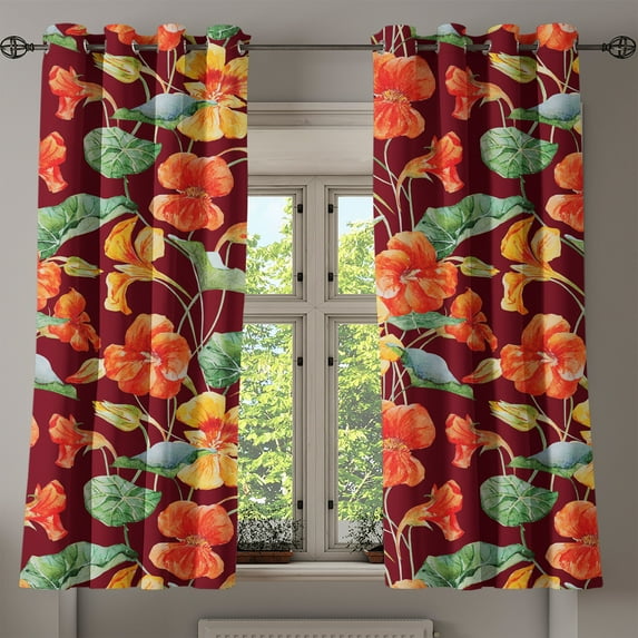 Ambesonne Tropical Grommet Curtain, Nasturtium Flowers Plot, 50"x60", Scarlet Vermilion and Khaki