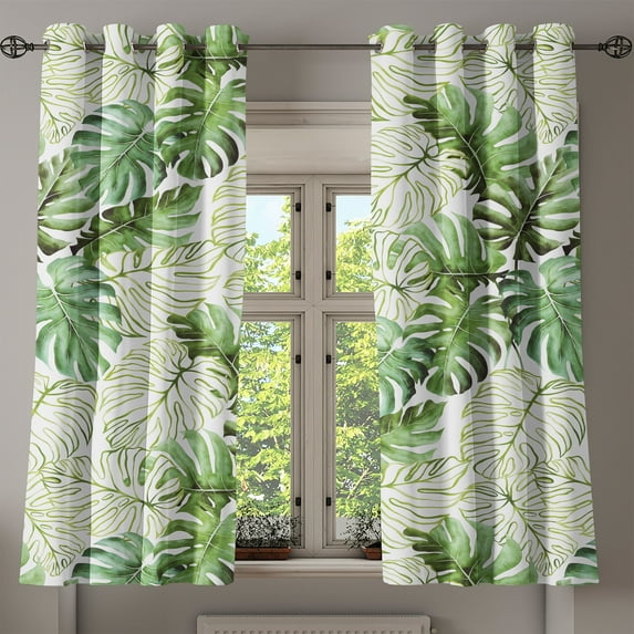 Ambesonne Tropical Grommet Curtain, Palm Foliage Watercolor, 50"x63", Pale Reseda Green White