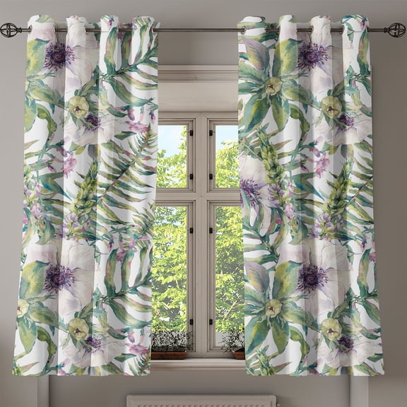 Ambesonne Tropical Grommet Curtain, Palm Leaves Lupine Anemone, 50"x63", Pale Olive Green and Quartz