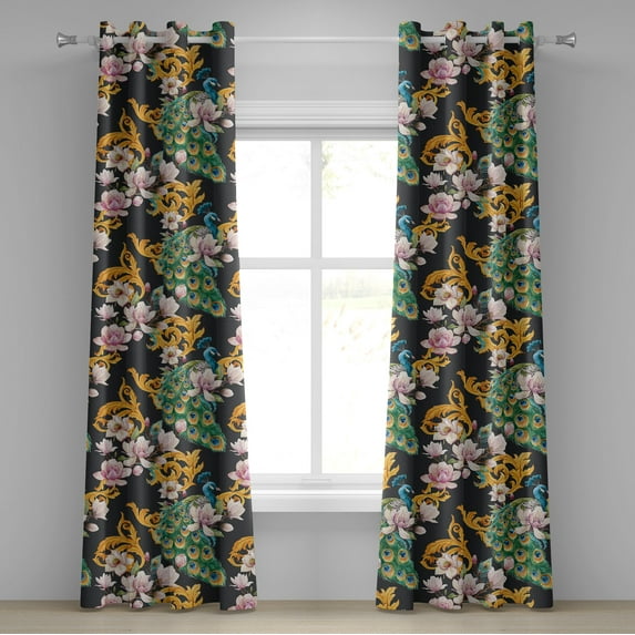 Ambesonne Tropical Grommet Curtain, Peacock Flowers Leaves Art, 50"x108", Earth Yellow and Jade Green