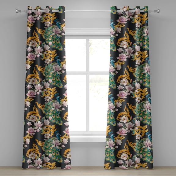 Ambesonne Tropical Grommet Curtain, Peacock Flowers Leaves Art, 50"x96", Earth Yellow and Jade Green
