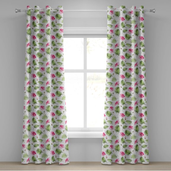 Ambesonne Tropical Grommet Curtain, Pink Hibiscus Palm, 50" x 108", Green Pink and White