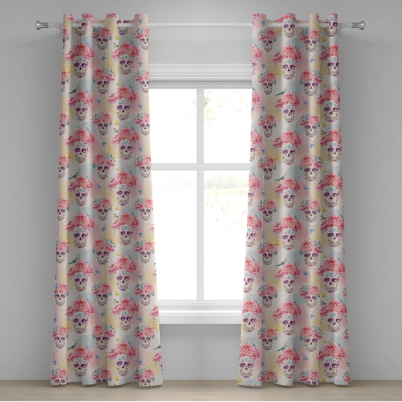 Ambesonne Tropical Grommet Curtain, Sugar Skulls Butterflies, 50"x108", Pale Ruby Dark Coral