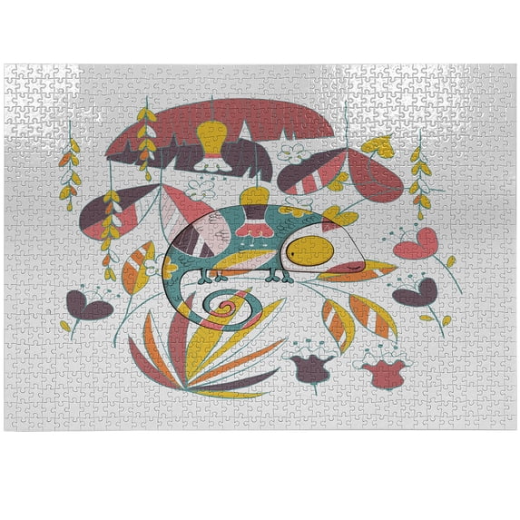 Ambesonne Tropical Jigsaw Puzzle Durable Cardboard, Cartoonish Chameleon Art, 1000 pcs, Pale Ruby and Earth Yellow
