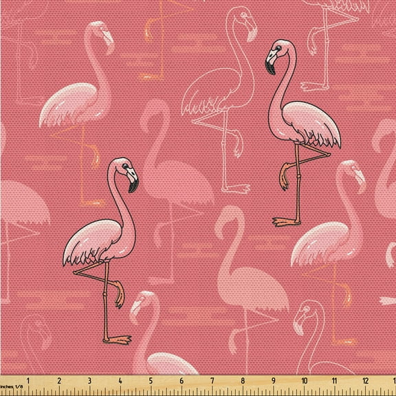 Ambesonne Tropical Jungle Fabric by the Yard Upholstery, Cartoon Flamingo, 10 Yards, Pastel Pink Pale Pink