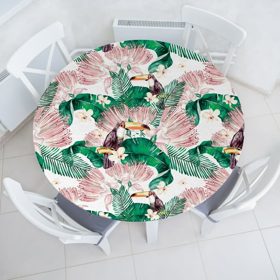 Ambesonne Tropical Jungle Fitted Round Tablecloth, Toucan Leafy Bloom, 36"- 40" Diameter, Forest Green Plum Rose