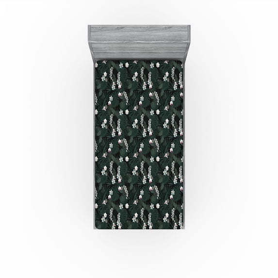 Ambesonne Tropical Jungle Fitted Sheet, Floral Pattern Boho, Twin XL Size, Off White Forest Green
