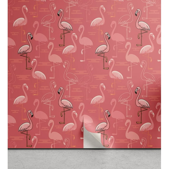 Ambesonne, Tropical Jungle Peel & Stick Wallpaper for Home, Cartoon Flamingo, 13"x100", Pastel Pink Pale Pink