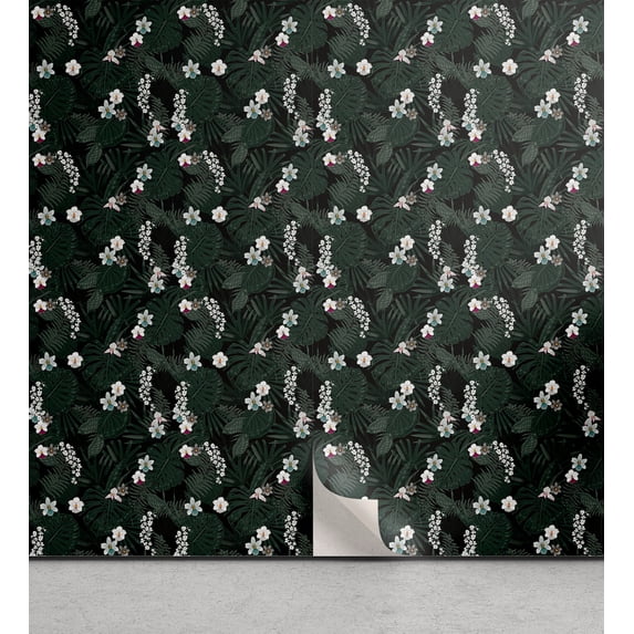 Ambesonne Tropical Jungle Peel & Stick Wallpaper for Home, Floral Pattern Boho, 13"x72", Off White Forest Green