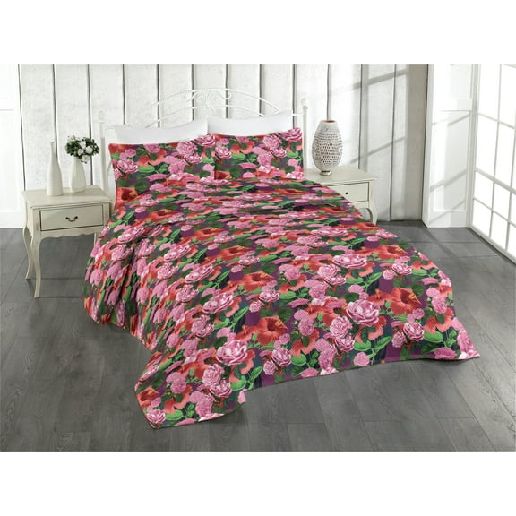 Ambesonne Tropical Jungle Quilted Bedspread Set 3 Pcs, Botany Hibiscus Art, Twin, Pastel Pink Dark Coral