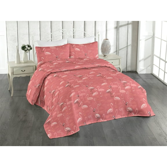 Ambesonne Tropical Jungle Quilted Bedspread Set 3 Pcs, Cartoon Flamingo, Twin, Pastel Pink Pale Pink