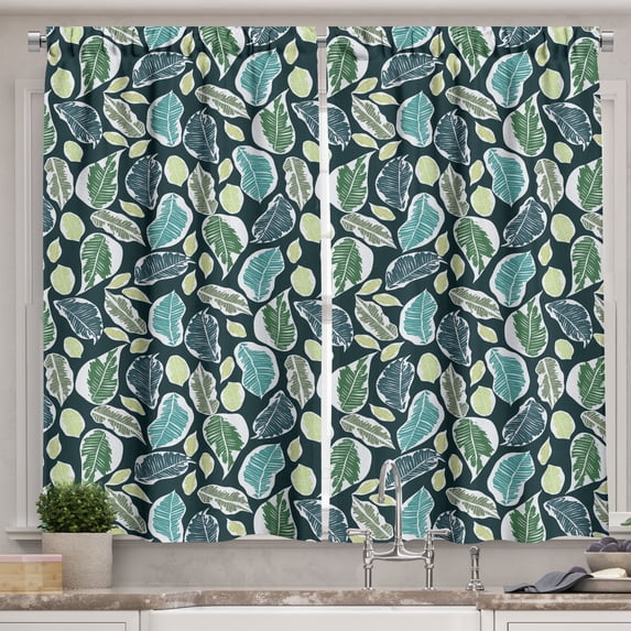 Ambesonne Tropical Kitchen Curtains, Botanical Exotic Leaf Art, 55"x24", Jade Green White Teal