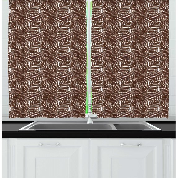 Ambesonne Tropical Kitchen Curtains, Brown Exotic Leaves Motif, 55"x45", Brown and White