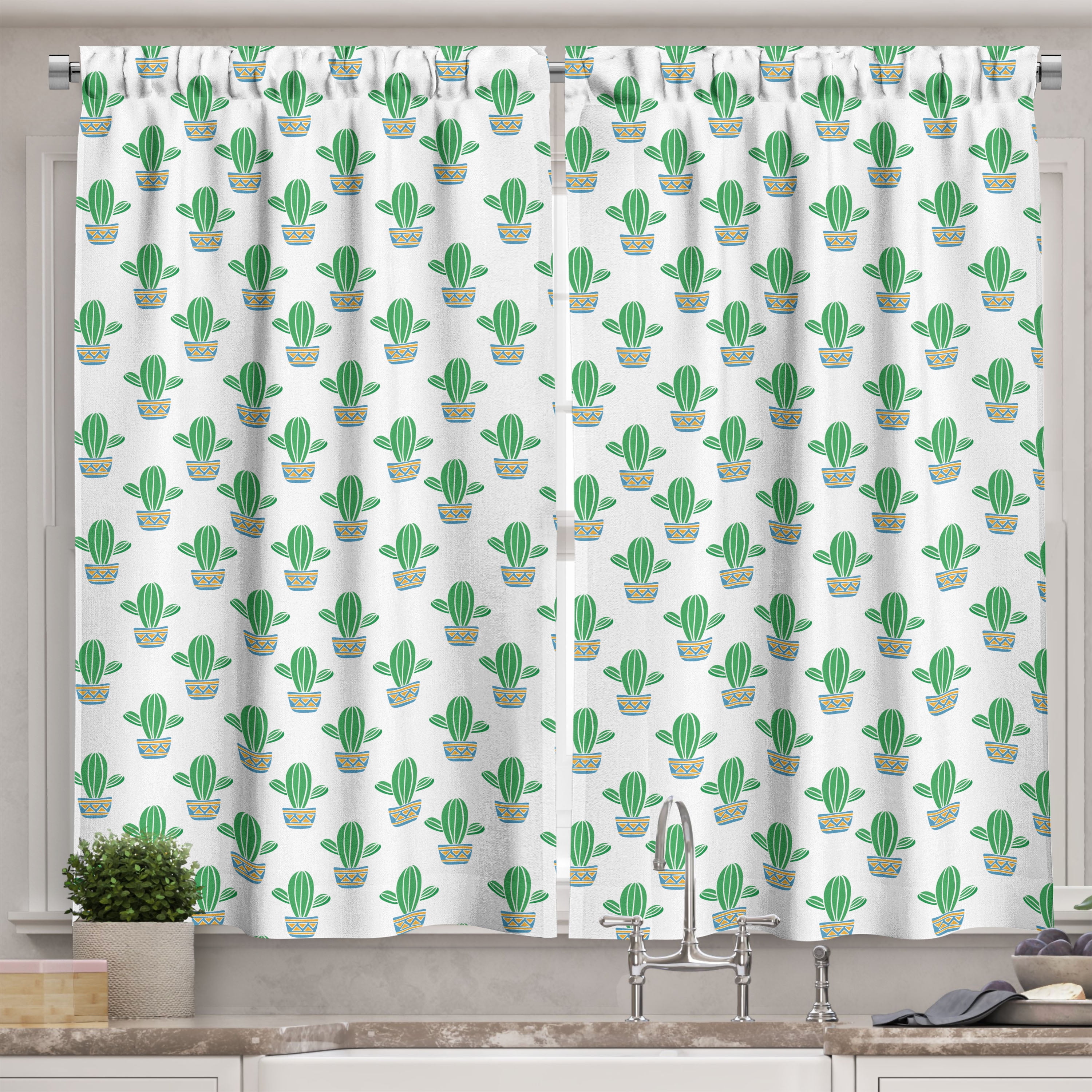 Ambesonne Tropical Kitchen Curtains, Cacti in Ornamented Pots, 55"x24