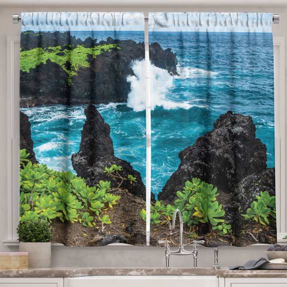 Ambesonne Tropical Kitchen Curtains, Coastal Scene Ocean Waves, 55"x24", Lime Green Dark Turquoise