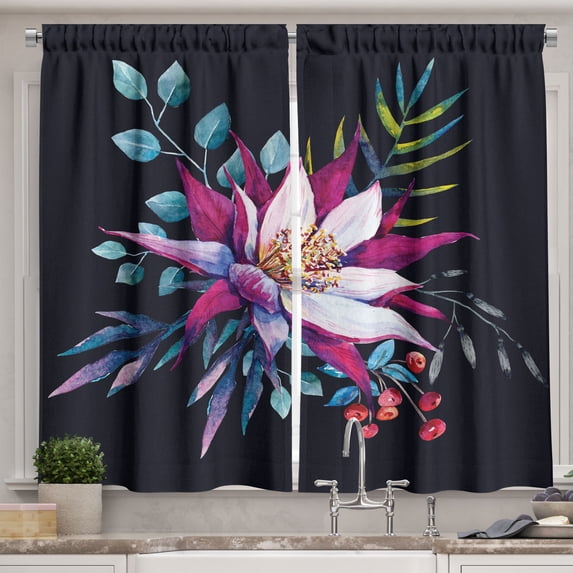 Ambesonne Tropical Kitchen Curtains, Exotic Bouquet Watercolor, 55"x45", Charcoal Grey Multicolor