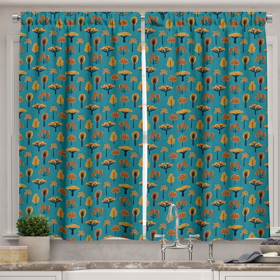 Ambesonne Tropical Kitchen Curtains, Exotic Fall Season Trees, 55"x45", Orange Petrol Blue