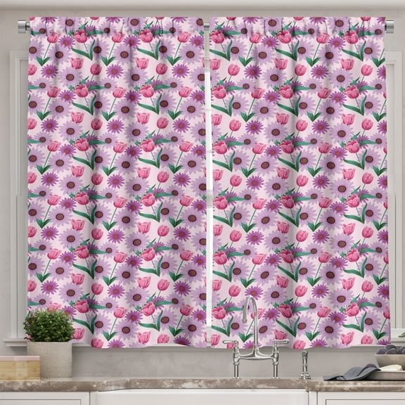 Ambesonne Tropical Kitchen Curtains, Exotic Flowers Garden Art, 55"x24", Pale Mauve Emerald and Pink