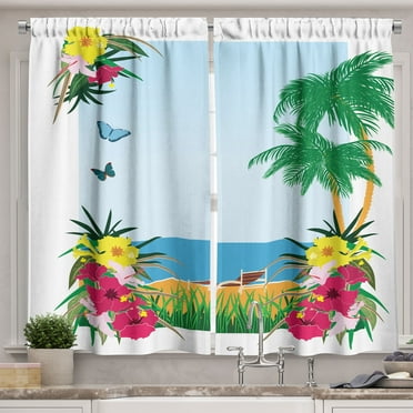 Ambesonne Tropical Kitchen Curtains, Exotic Foliage Beach Art, 55"x24", Pale Orange Jade Green