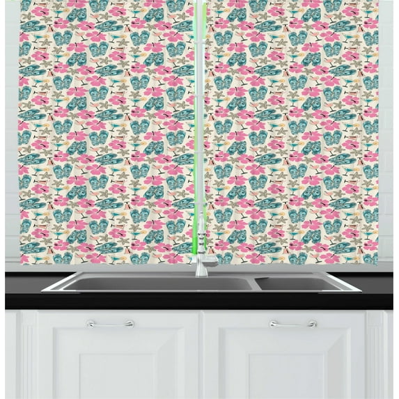 Ambesonne Tropical Kitchen Curtains, Flip Flops and Starfishes, 55"x39", Multicolor