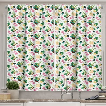 Ambesonne Tropical Kitchen Curtains, Flowers Leaves Towels Art, 55"x24", Pink and Hunter Green