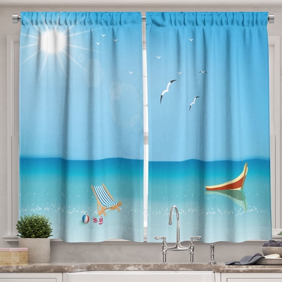 Ambesonne Tropical Kitchen Curtains, Flying Seagulls Ship Chair, 55"x36", Pale Sky Blue Brown