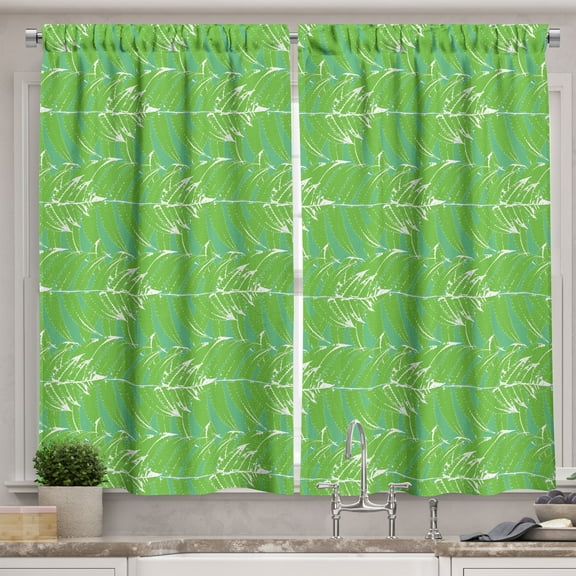 Ambesonne Tropical Kitchen Curtains, Grungy Palm Leaves Art, 55"x30", Lime Green and Dark Seafoam