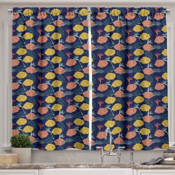 Ambesonne Tropical Kitchen Curtains, Hand Drawn Like Flora Art, 55"x30", Earth Yellow Salmon Blue