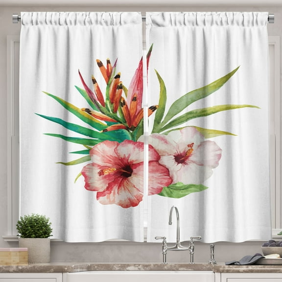 Ambesonne Tropical Kitchen Curtains, Hawaiian Flowers Exotic, 55"x45", Pink Green and White