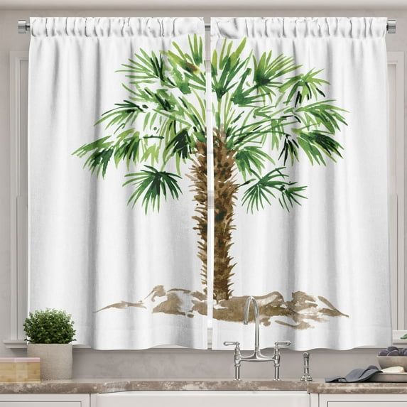 Ambesonne Tropical Kitchen Curtains, Hawaiian Palm Tree, 55"x45", Fern Green Brown