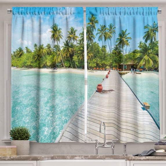 Ambesonne Tropical Kitchen Curtains, Maldives Island Beach, 55"x39", Fern Green Turquoise