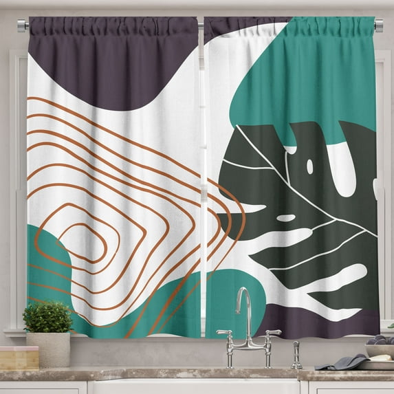 Ambesonne Tropical Kitchen Curtains, Monstera Leaf Minimal Art, 55"x24", Teal and Dark Purple