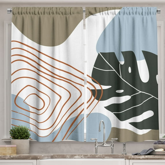 Ambesonne Tropical Kitchen Curtains, Monstera Leaf Minimal Art, 55"x39", Dark Tan and Pale Blue