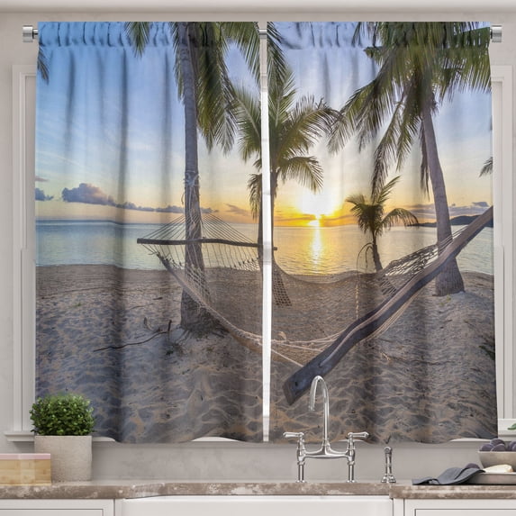 Ambesonne Tropical Kitchen Curtains, Paradise Beach Palms, 55"x39", Multicolor